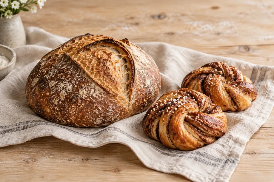 Fresh sourdough loaves and cinnamon knots at a bakery