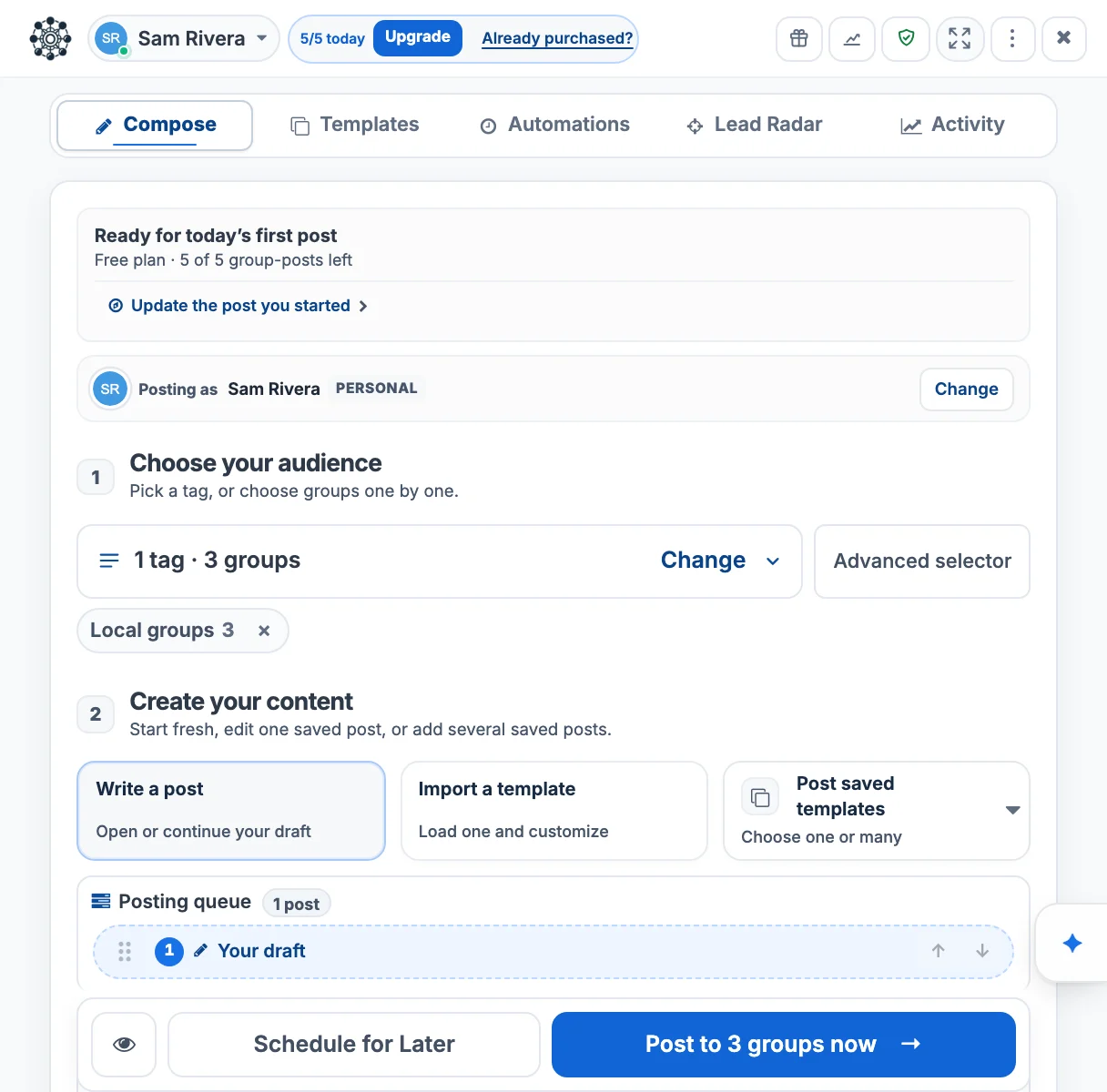 Group Posting's Compose tab showing Posting as Sam Rivera, a Change button, and the Choose your audience step with one tag of three groups.