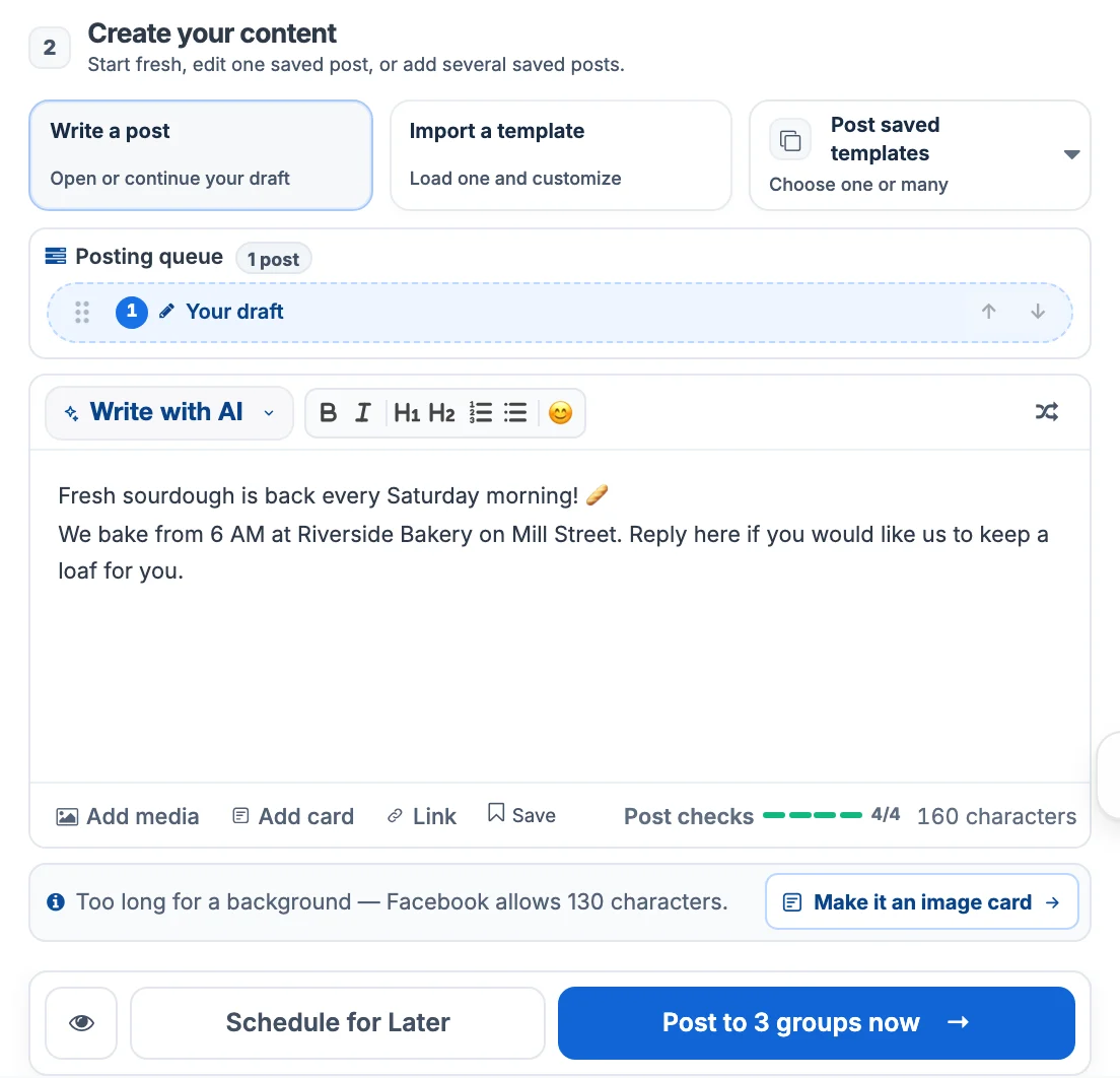 The Create your content step with Write with AI, the post editor, Add media, Add card, Link, Post checks, and the Schedule for Later and Post to 3 groups now buttons.