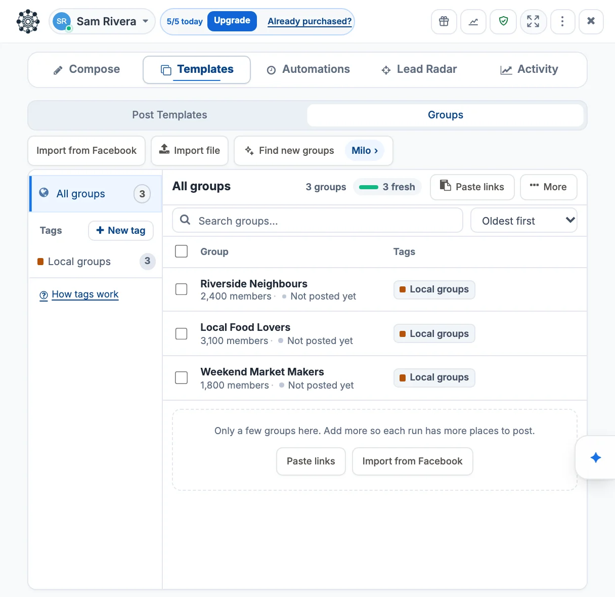 The Groups screen with Import from Facebook, Import file and Find new groups buttons, three demo groups with member counts, and a Local groups tag.