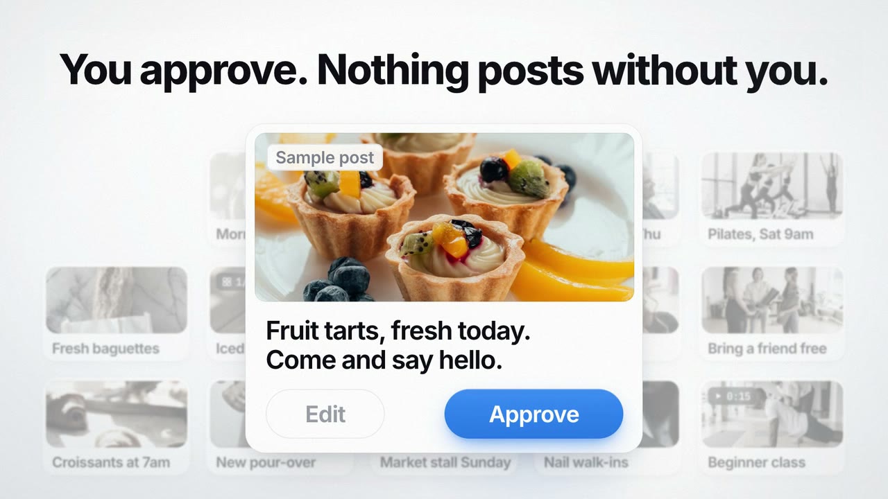 Done-for-you video: a sample post with a photo, ready for you to approve