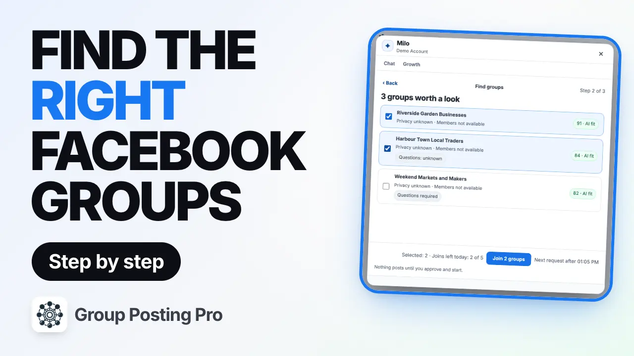 How to Find the Right Facebook Groups for Your Business: Milo Find groups showing three demo groups with AI fit scores