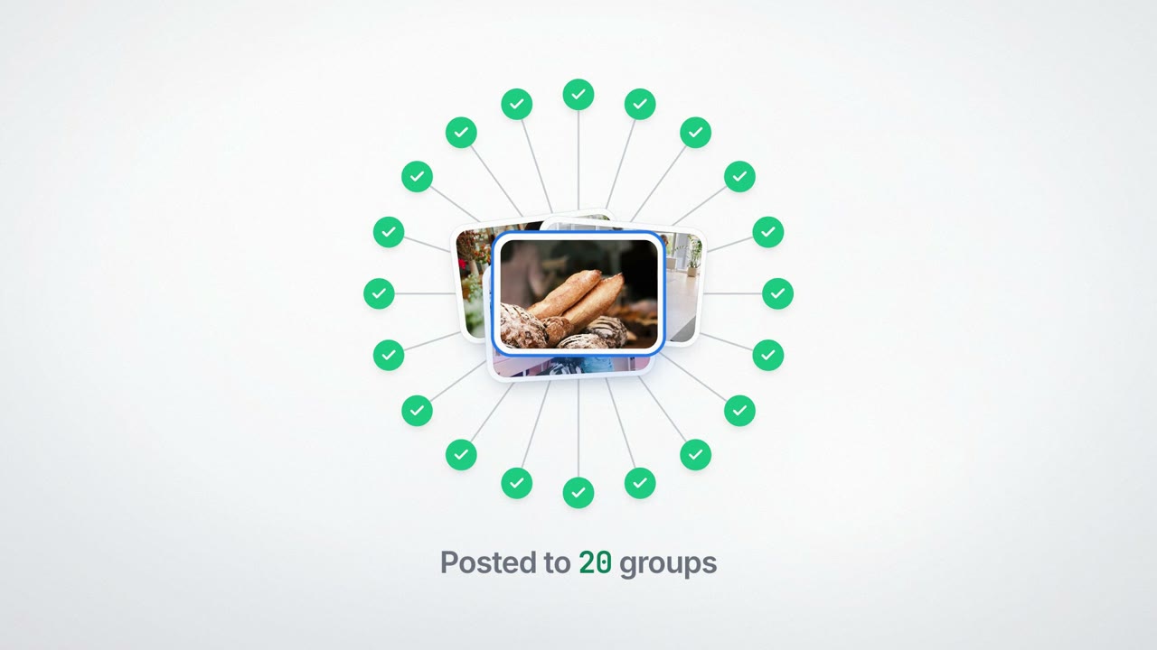 Group Posting video: one post, posted to 20 Facebook groups