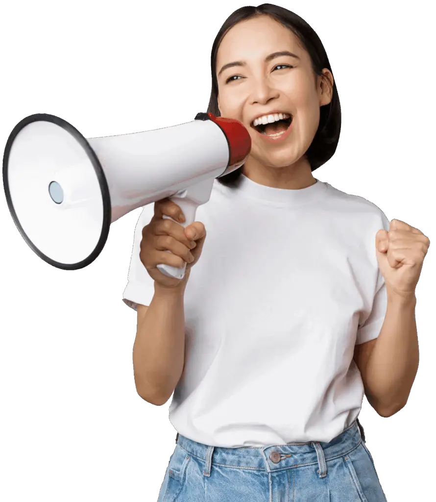 asian girl shouting at megaphone young activist p DC9ADVL
