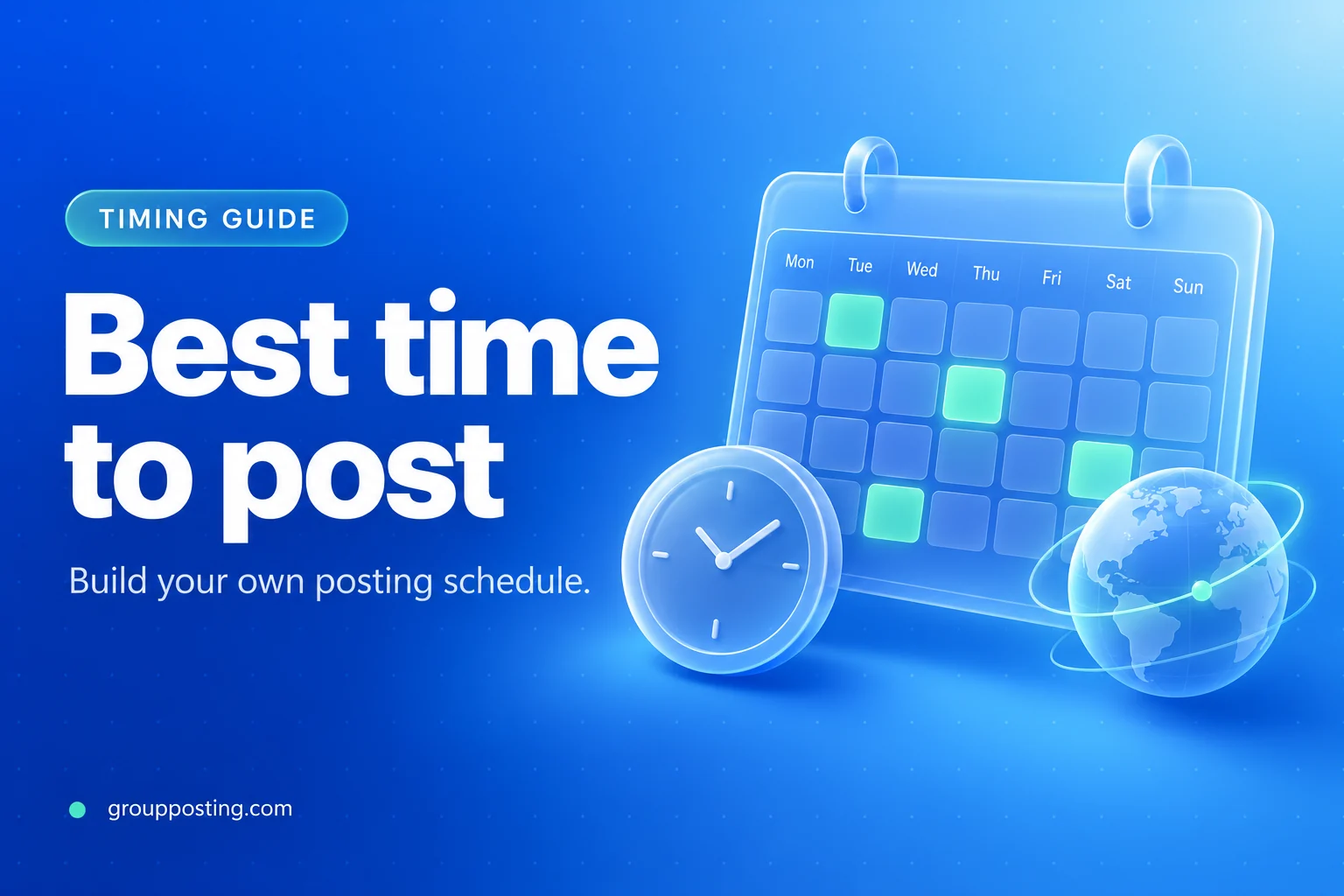 Custom illustration of a calendar, clock and globe for planning and testing Facebook posting times.