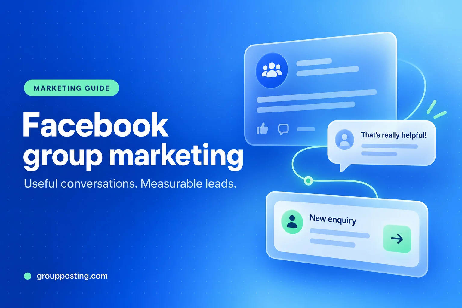 Custom illustration of group conversations, a useful post and a campaign review dashboard.