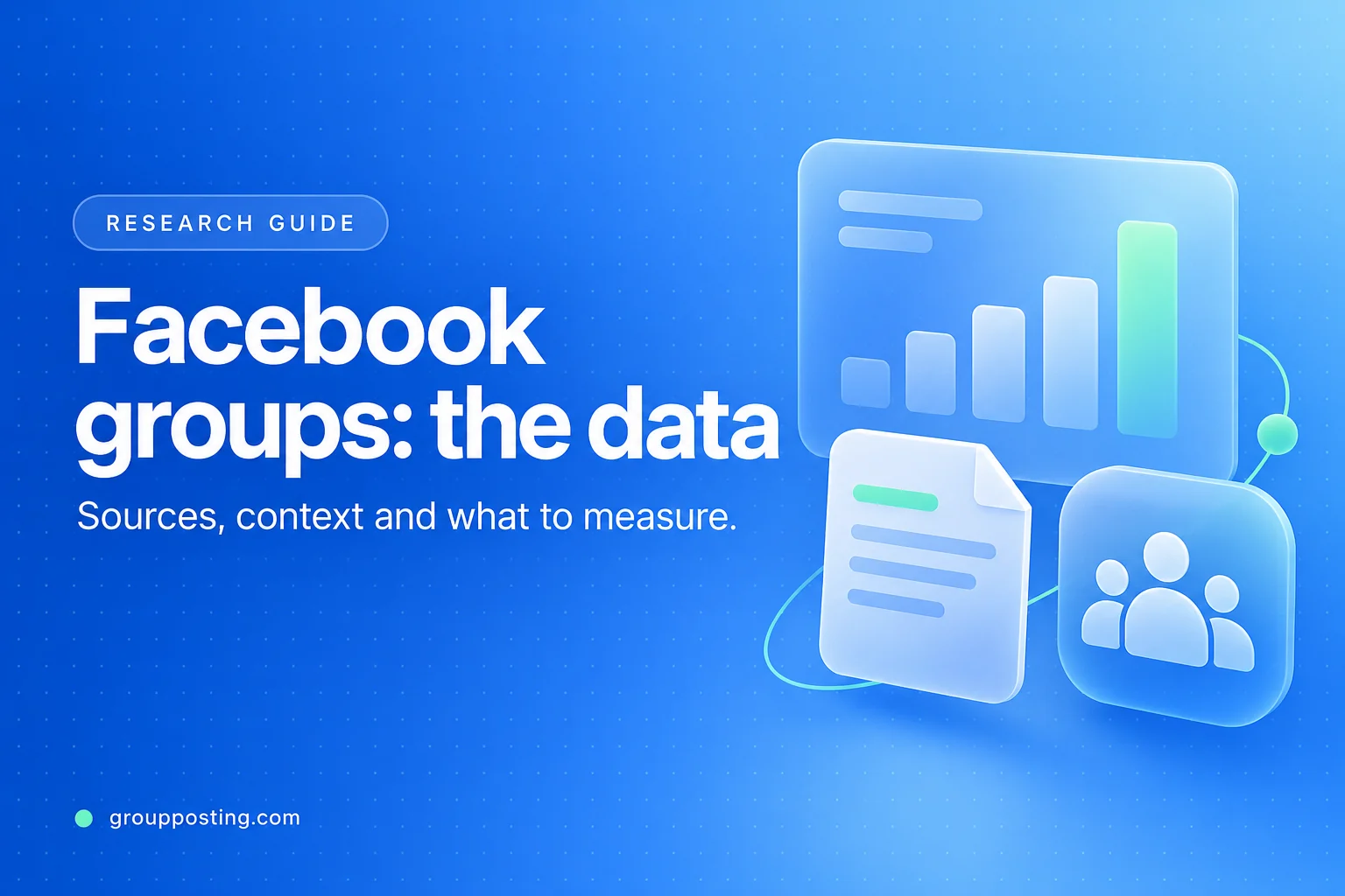 Custom illustration of data charts and group cards for evaluating Facebook Groups statistics and their sources.