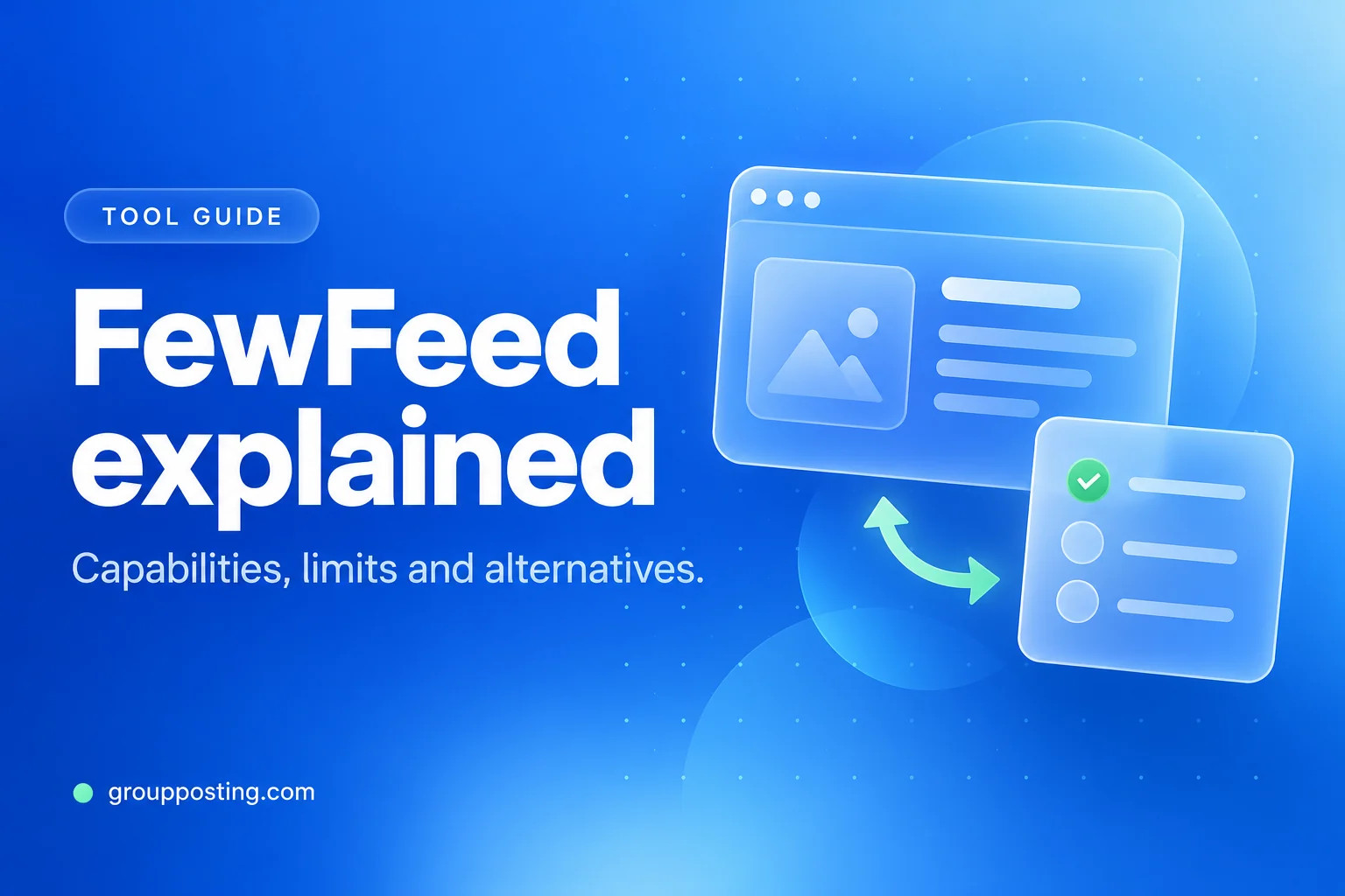Custom illustration of content cards and a grouped publishing workflow for the FewFeed explainer.