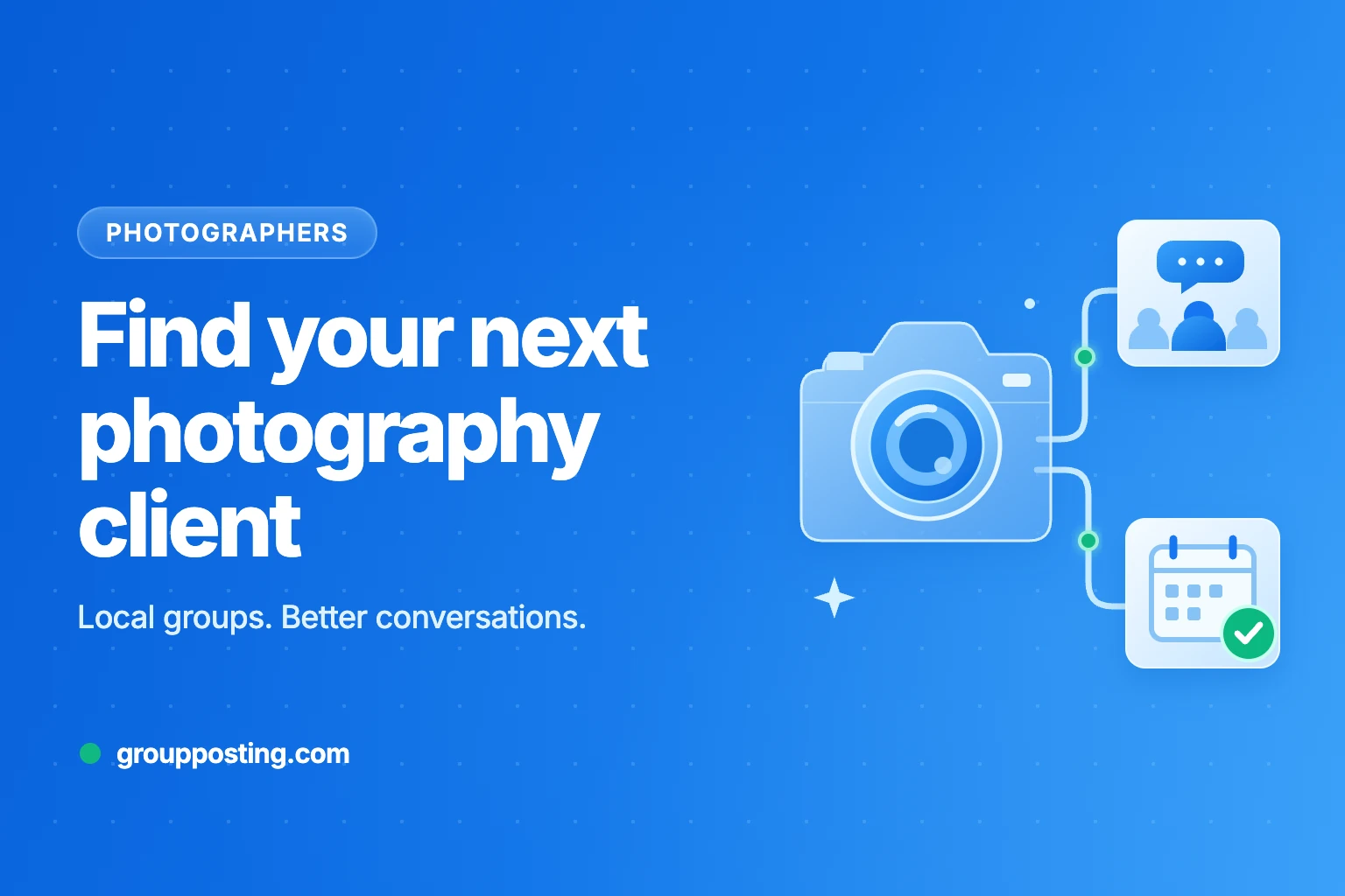 Custom illustration of a camera linked to a Facebook group conversation and a booking calendar, with the headline Find your next photography client.